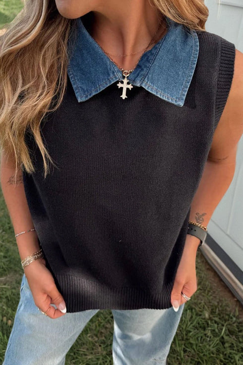 Women's Chic Women's Black Knit Sweater Vest with Denim Collar - Cozy Layering Essential for Trendy Fall Outfits