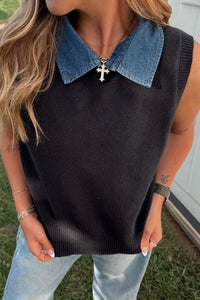 Women's Chic Women's Black Knit Sweater Vest with Denim Collar - Cozy Layering Essential for Trendy Fall Outfits