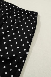 Black Polka Dot Print Elastic Waist Lace Hem Loose Pants