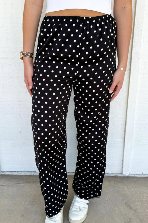 Chic Women's Black Polka Dot Loose-Fit Pants with Elastic Waist and Lace Hem - Stylish Casual Comfort for Everyday Wear