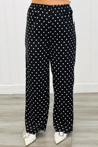Black Polka Dot Print Elastic Waist Lace Hem Loose Pants