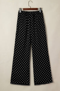 Black Polka Dot Print Elastic Waist Lace Hem Loose Pants