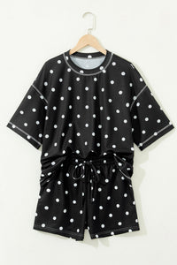 Black Exposed Seam Detail Polka Dot Loose Tee Drawstring Shorts Set