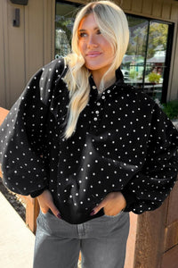 $11.64 Black Polka Dot Print Metal Button Collar Casual Pullover Sweatshirt Wholesale