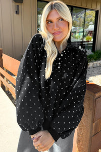 $11.64 Black Polka Dot Print Metal Button Collar Casual Pullover Sweatshirt Wholesale