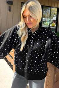 $11.64 Black Polka Dot Print Metal Button Collar Casual Pullover Sweatshirt Wholesale