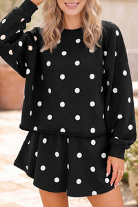$12.42 Black Polka Dot Raw Hem Relaxed Pullover Loose Skort Two Piece Set Wholesale