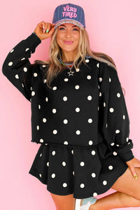 $12.42 Black Polka Dot Raw Hem Relaxed Pullover Loose Skort Two Piece Set Wholesale