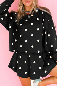$12.42 Black Polka Dot Raw Hem Relaxed Pullover Loose Skort Two Piece Set Wholesale