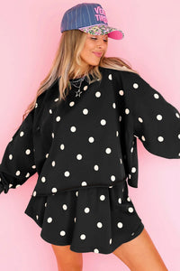 $12.42 Black Polka Dot Raw Hem Relaxed Pullover Loose Skort Two Piece Set Wholesale