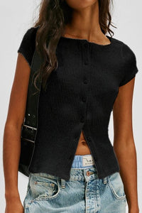 Women's Black Ribbed Knit Short Sleeve Blouse with Lace Trim