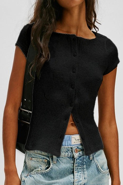 Women's Black Ribbed Knit Short Sleeve Blouse with Lace Trim