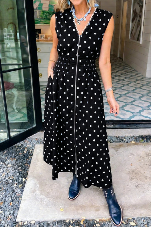 women's chic women's black sleeveless polka dot dress with contrast trim and v-neck zip for effortless style and comfort with practical styling and