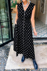 women's chic women's black sleeveless polka dot dress with contrast trim and v-neck zip for effortless style and comfort with practical styling and