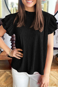 Chic Women's Black Textured Ruffle Trim Short Sleeve Blouse - Versatile Summer Top for Casual and Dressy Looks