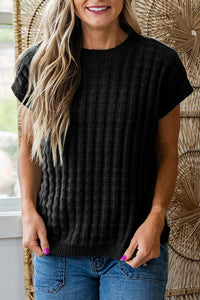 Women's Chic Women's Black Textured Short Sleeve Sweater - Comfortable Round Neck Knit Top for Everyday Casual Style