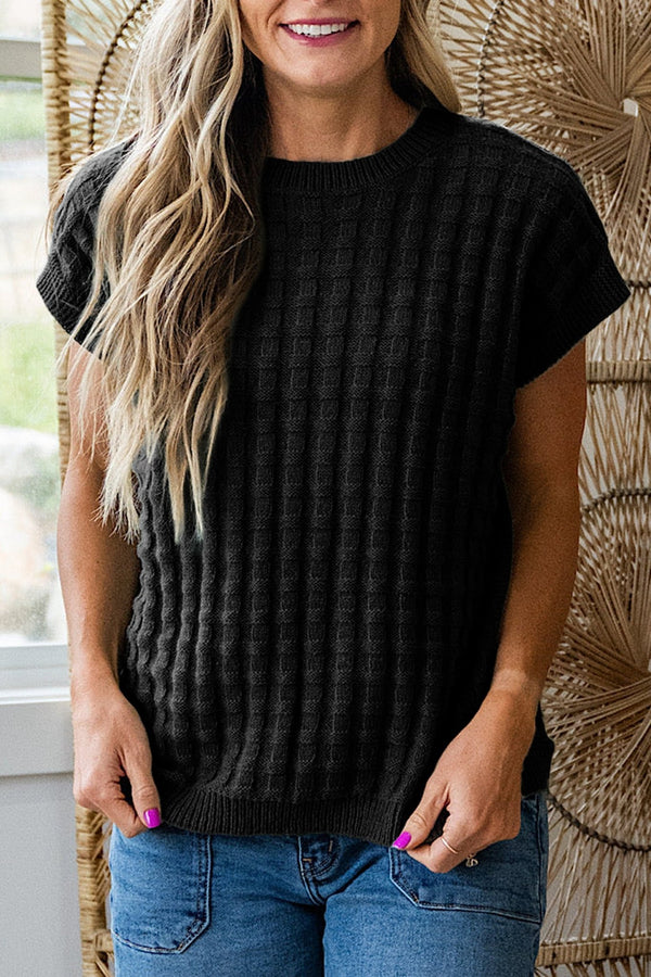 Women's Chic Women's Black Textured Short Sleeve Sweater - Comfortable Round Neck Knit Top for Everyday Casual Style