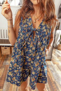 Chic Women's Blue Floral Denim Romper with Bow Tie & Pleated Detail – Stylish Sleeveless Summer Outfit