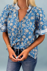 women's chic women's blue floral short sleeve blouse with tie neck and striped accents for effortless summer style with practical styling and