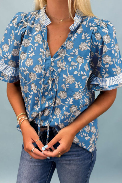 women's chic women's blue floral short sleeve blouse with tie neck and striped accents for effortless summer style with practical styling and