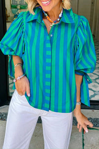 Chic Women's Blue Striped Puff Sleeve Button-Down Shirt with Tie Detail for Effortless Casual Style