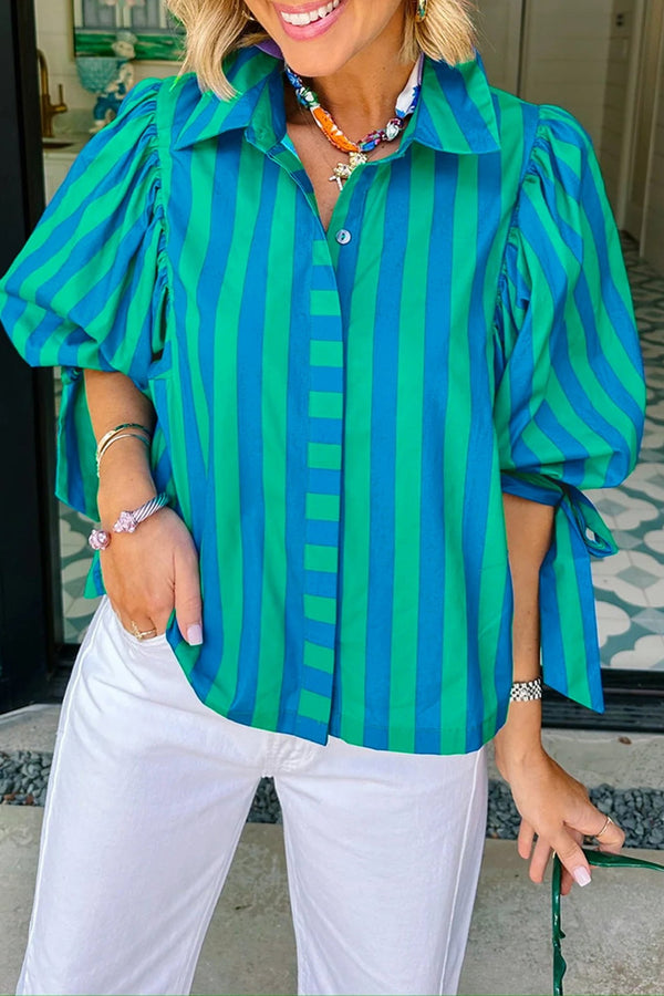Chic Women's Blue Striped Puff Sleeve Button-Down Shirt with Tie Detail for Effortless Casual Style