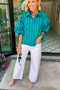 Blue Stripe Tie Puff Sleeve Womens Button Down Shirt