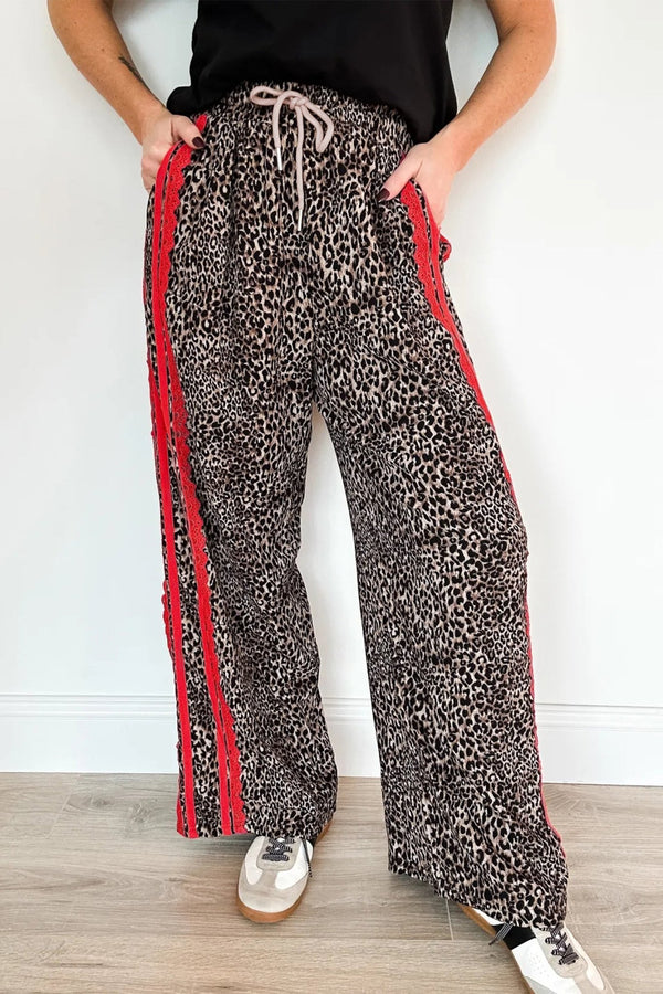 Chic Women's Brown Leopard Print Drawstring Pants with Lace and Striped Accents for Effortless Style
