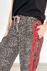 Brown Wild Leopard Print Contrast Lace Striped Detail Drawstring Pants