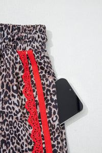 Brown Wild Leopard Print Contrast Lace Striped Detail Drawstring Pants