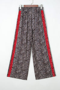 Brown Wild Leopard Print Contrast Lace Striped Detail Drawstring Pants