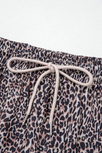Brown Wild Leopard Print Contrast Lace Striped Detail Drawstring Pants