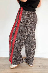 Brown Wild Leopard Print Contrast Lace Striped Detail Drawstring Pants