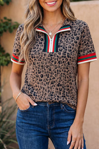 Chic Women's Brown Leopard Print Jacquard Blouse - Stylish Short Sleeve Top with Trendy Patchwork Detail