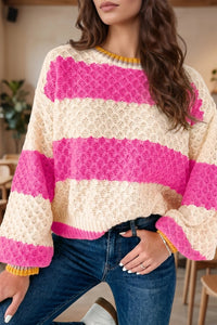 Women's Pink Striped Colorblock Drop Shoulder Sweater