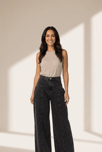 Chic women's dark grey pleated wide leg denim pants with mineral wash - easy and wearable for everyday fashion made for easy styling and wardrobe with