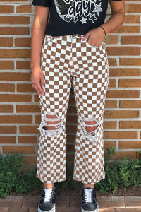 Khaki Checkerboard Print Distressed Holes Raw Edge Cropped Jeans