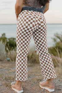 Khaki Checkerboard Print Distressed Holes Raw Edge Cropped Jeans
