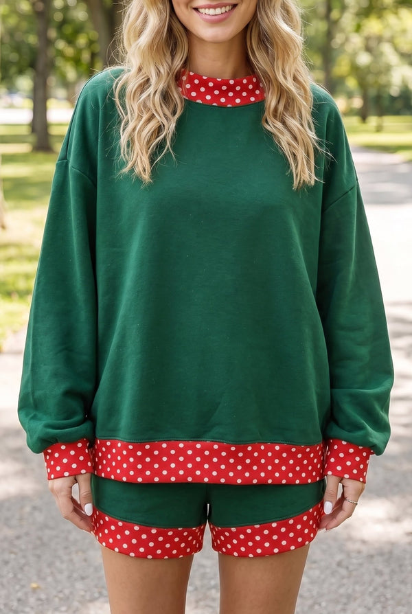 Chic Women's Evergreen Polka Dot Pullover and Shorts Set - Effortless Casual Style for Comfortable Everyday Wear