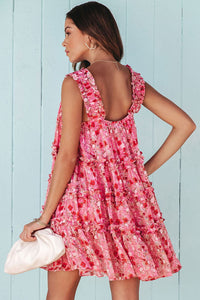 Fiery Red Tiered Ruffled Square Neck Sleeveless Floral Mini Dress