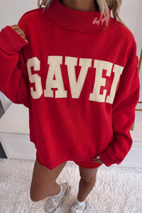 $11.7 Fiery Red Saved By Grace Embroidered Detail Letter Graphic High Neck Sweatshirt Wholesale