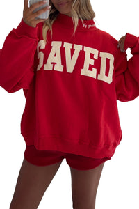 $11.7 Fiery Red Saved By Grace Embroidered Detail Letter Graphic High Neck Sweatshirt Wholesale