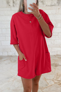 Chic Women's Fiery Red Loose-Fit Half Sleeve Romper with Pockets - Perfect Casual Summer Style