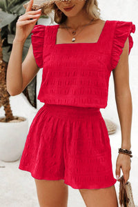 Women's Chic Women's Fiery Red Textured Square Neck Top with Shirred High Waist Shorts Set for Trendy Summer Outfits