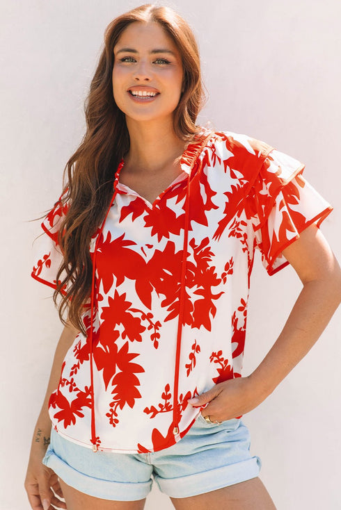 Women's Red Floral Ruffle Sleeve V-Neck Blouse