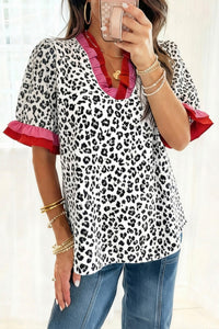 Ruffled Leopard Print V-Neck Blouse in Gray & Pink