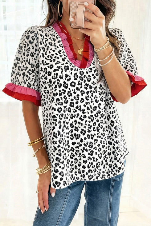 Ruffled Leopard Print V-Neck Blouse in Gray & Pink