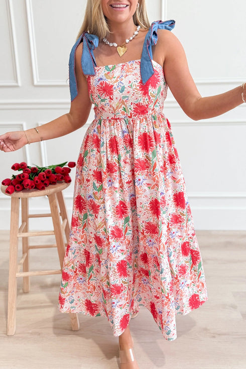 women's chic women's high waist red floral denim dress with knot straps and contrast stitching for effortless summer style with practical styling and