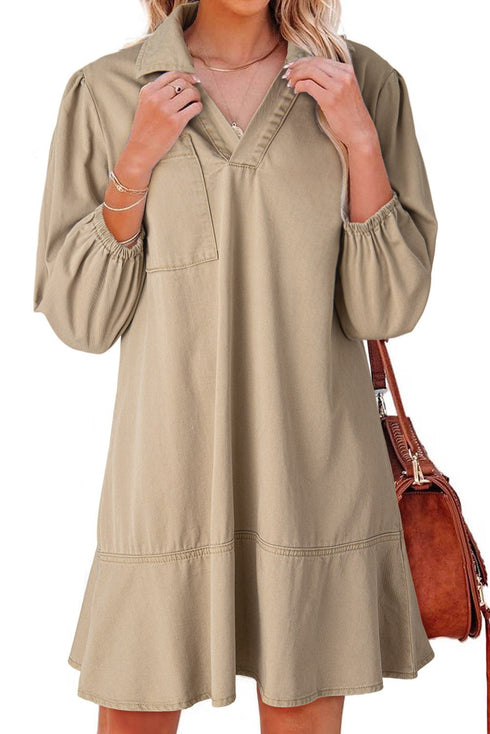 Chic Women's Khaki Denim Dress with V-Neck, Collared Long Sleeves, and Chest Pocket Effortless Casual Style