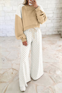 Women's Khaki Polka Dot Colorblock Long Sleeve Casual Two-Piece Pants Set